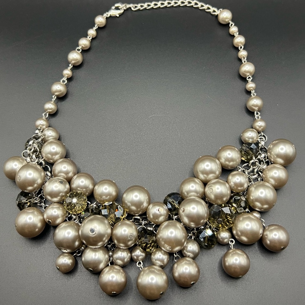 Faux Grey Pearl and Faceted Bead Cluster Necklace Party Feminine